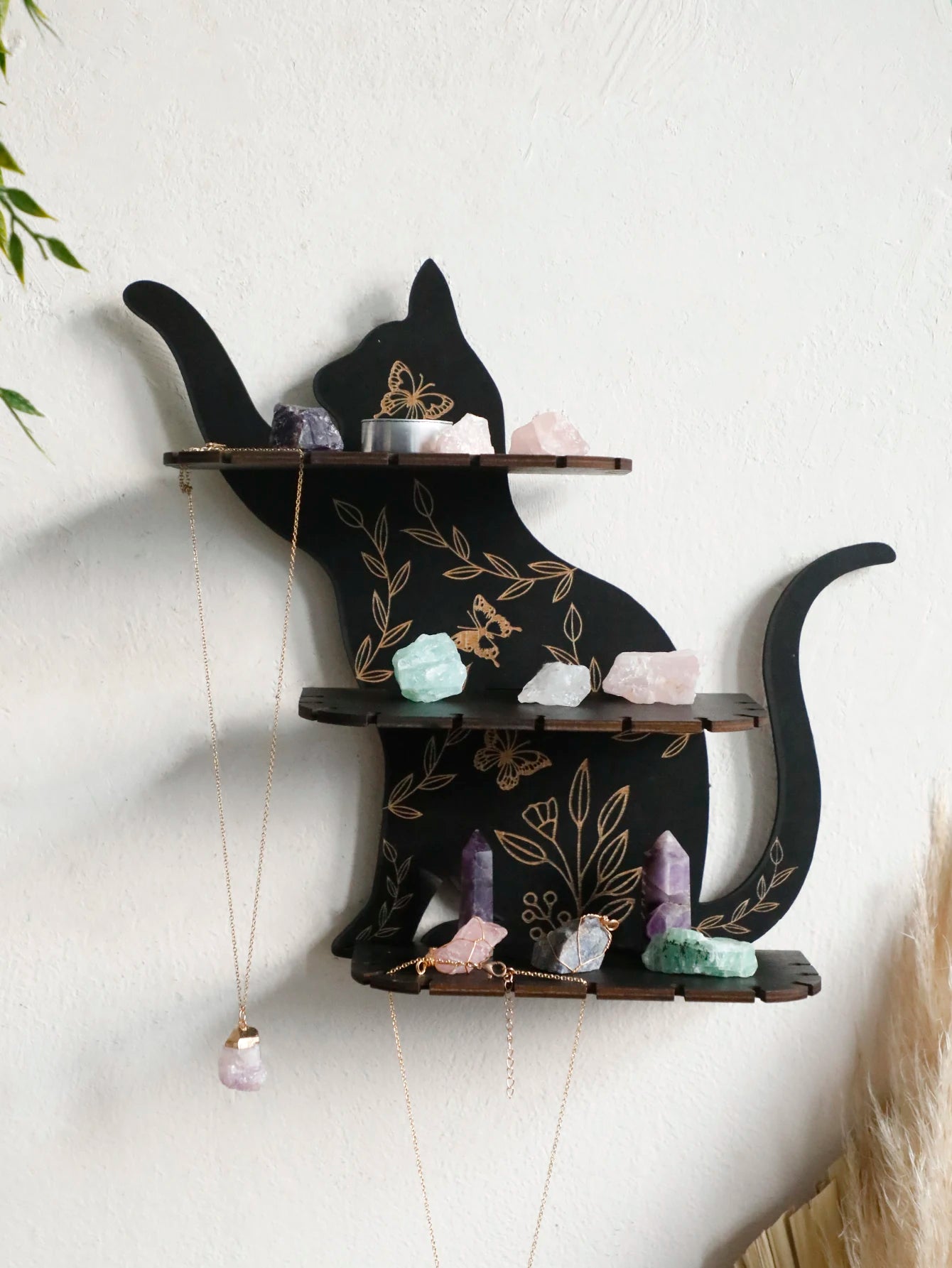 3-tier Black Cat Wall Shelves with Flower Pattern