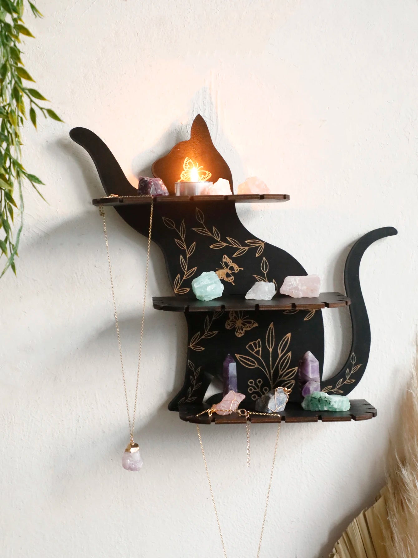 3-tier Black Cat Wall Shelves with Flower Pattern