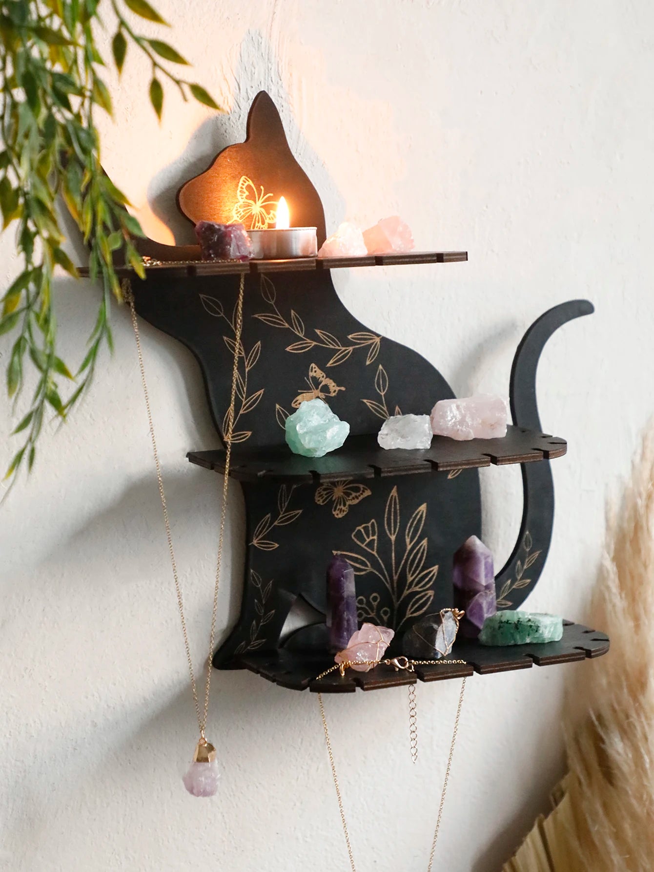 3-tier Black Cat Wall Shelves with Flower Pattern