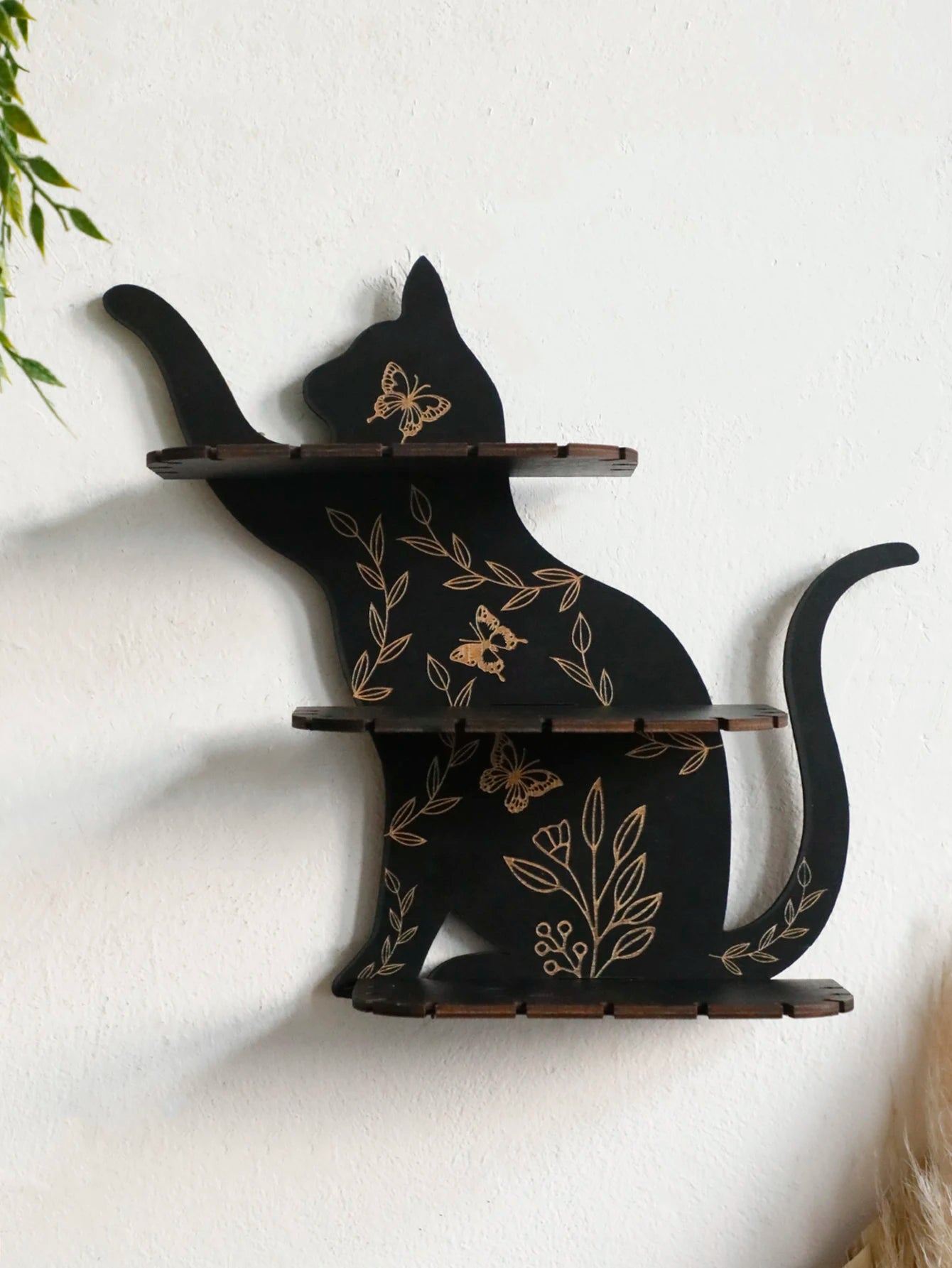 3-tier Black Cat Wall Shelves with Flower Pattern