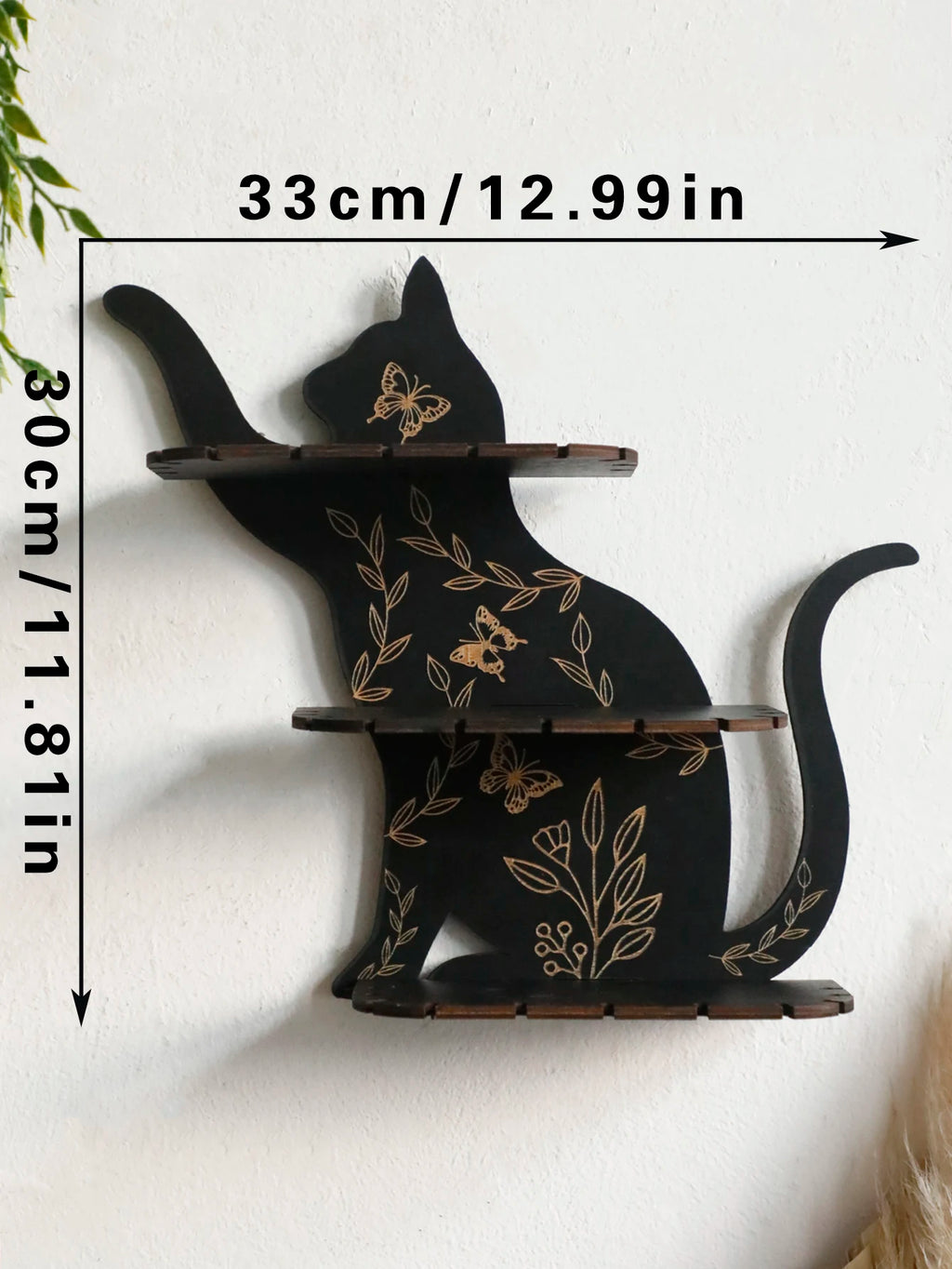 3-tier Black Cat Wall Shelves with Flower Pattern