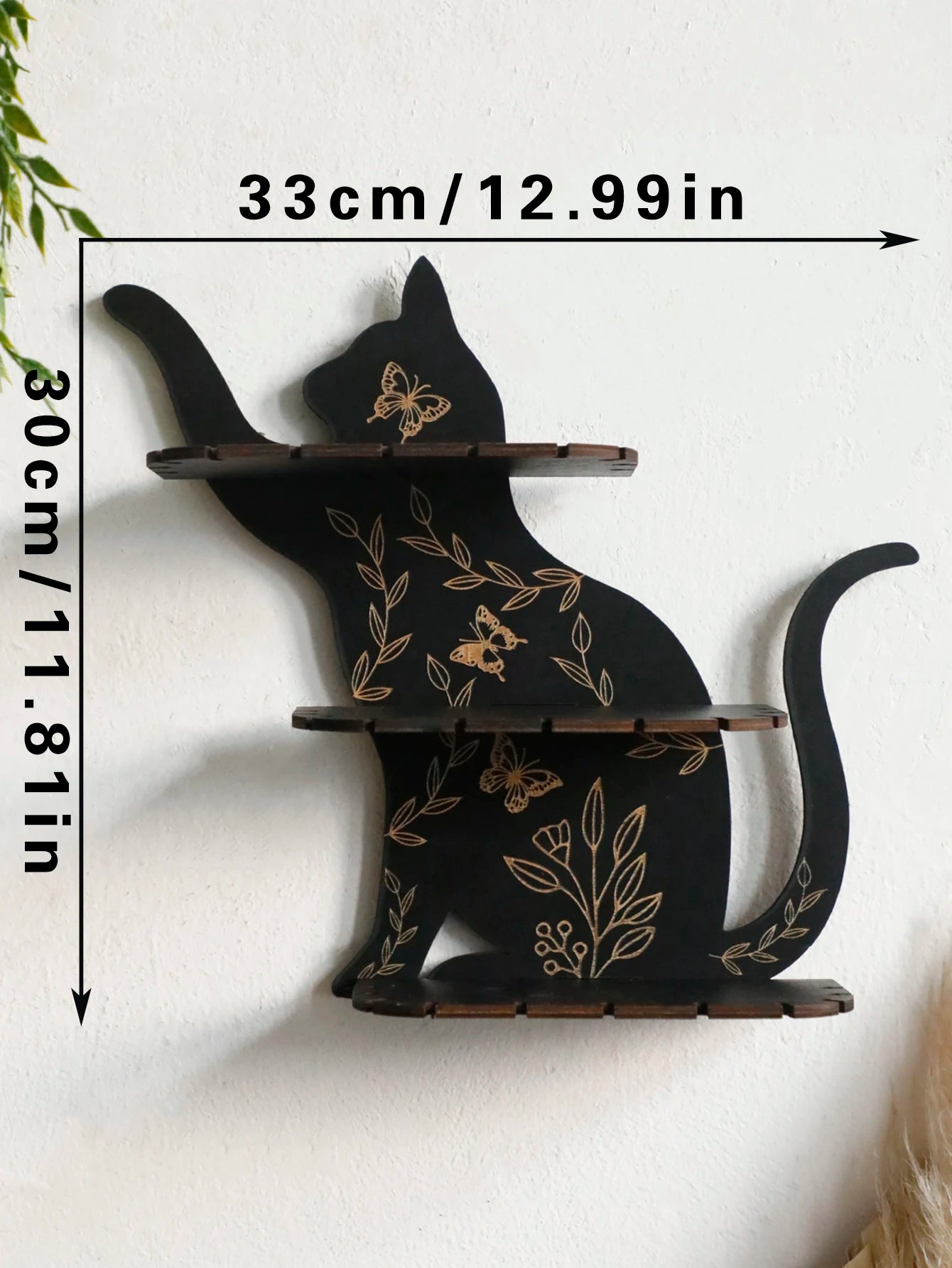 3-tier Black Cat Wall Shelves with Flower Pattern